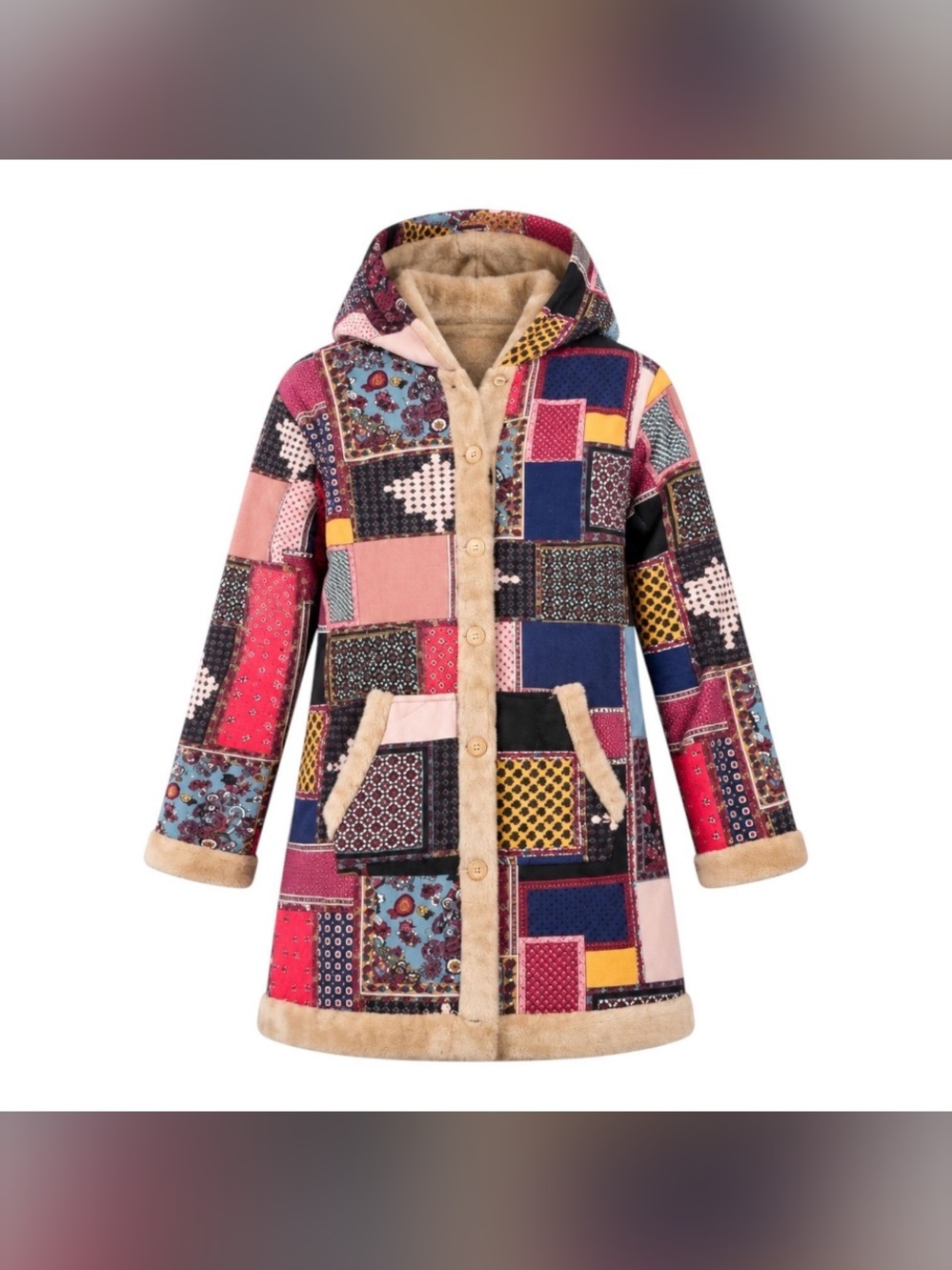 Patchwork inspired Hooded Coat with Faux Shearling Trim